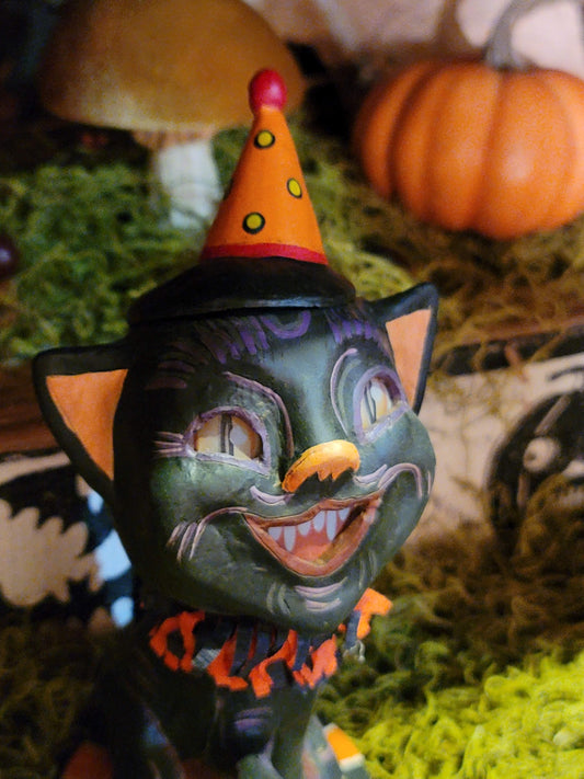 Vintage-Style Halloween Black Cat Figurine with Pumpkin Lantern