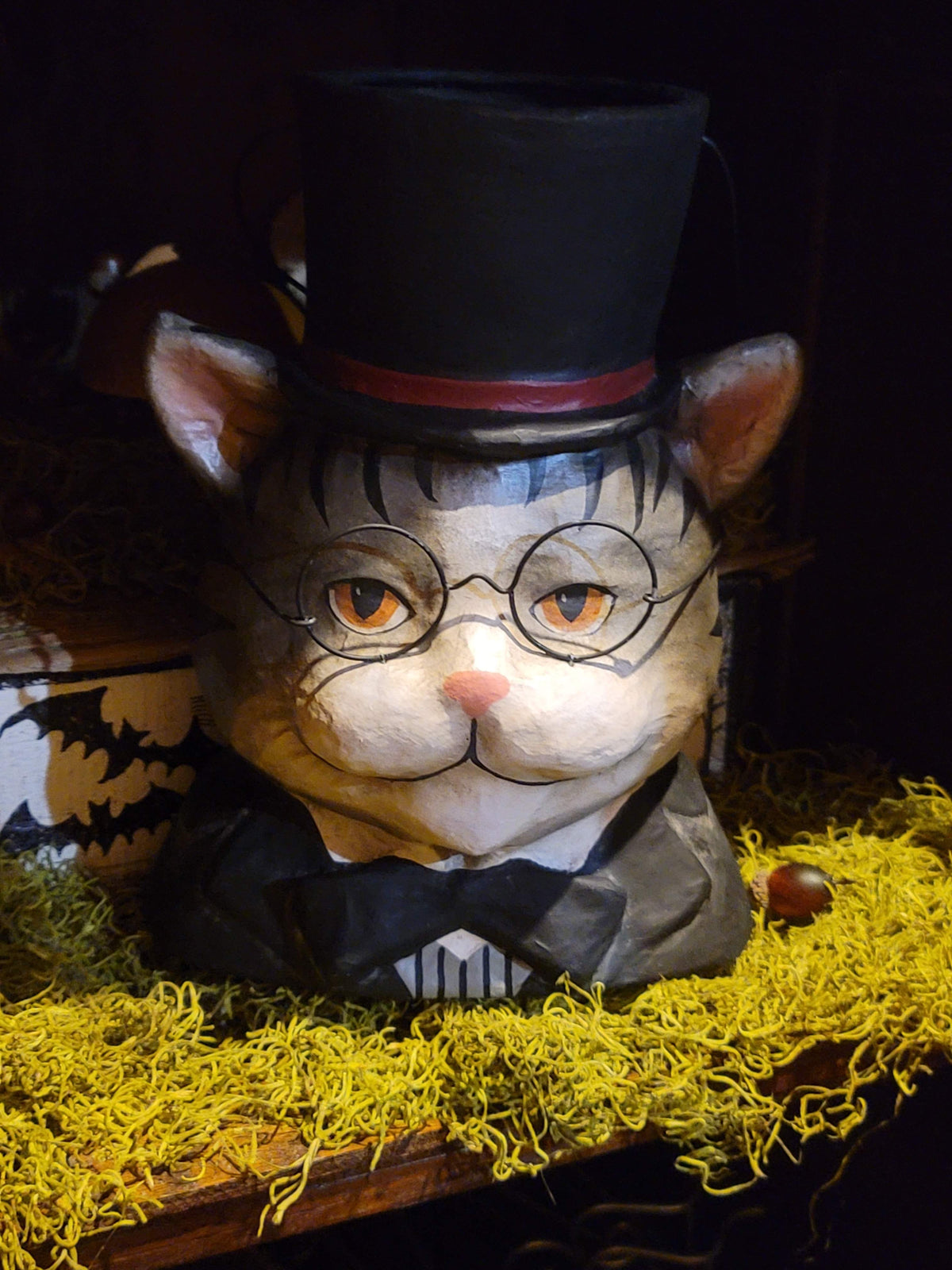 Victorian Halloween Dapper Cat Bust Bucket with Top Hat & Spectacles