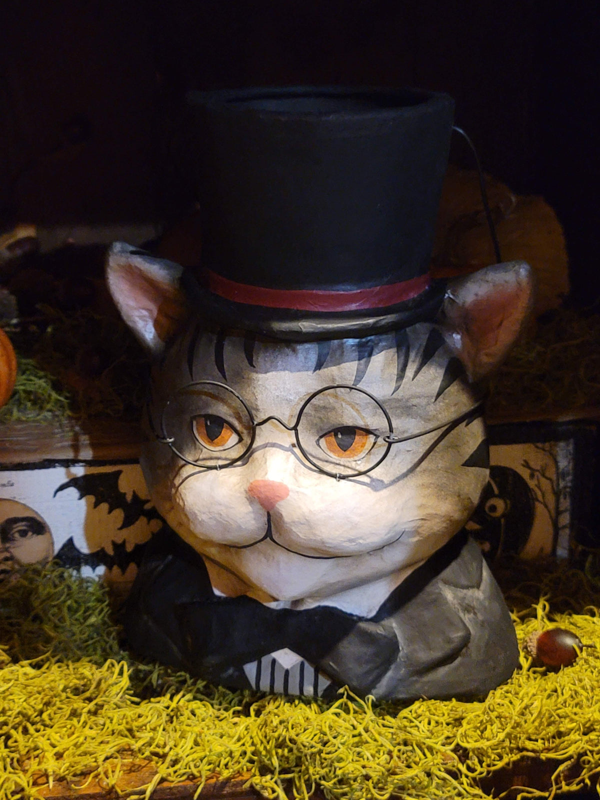 Victorian Halloween Dapper Cat Bust Bucket with Top Hat & Spectacles