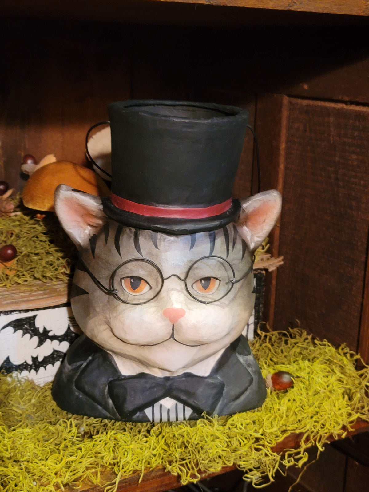 Victorian Halloween Dapper Cat Bust Bucket with Top Hat & Spectacles