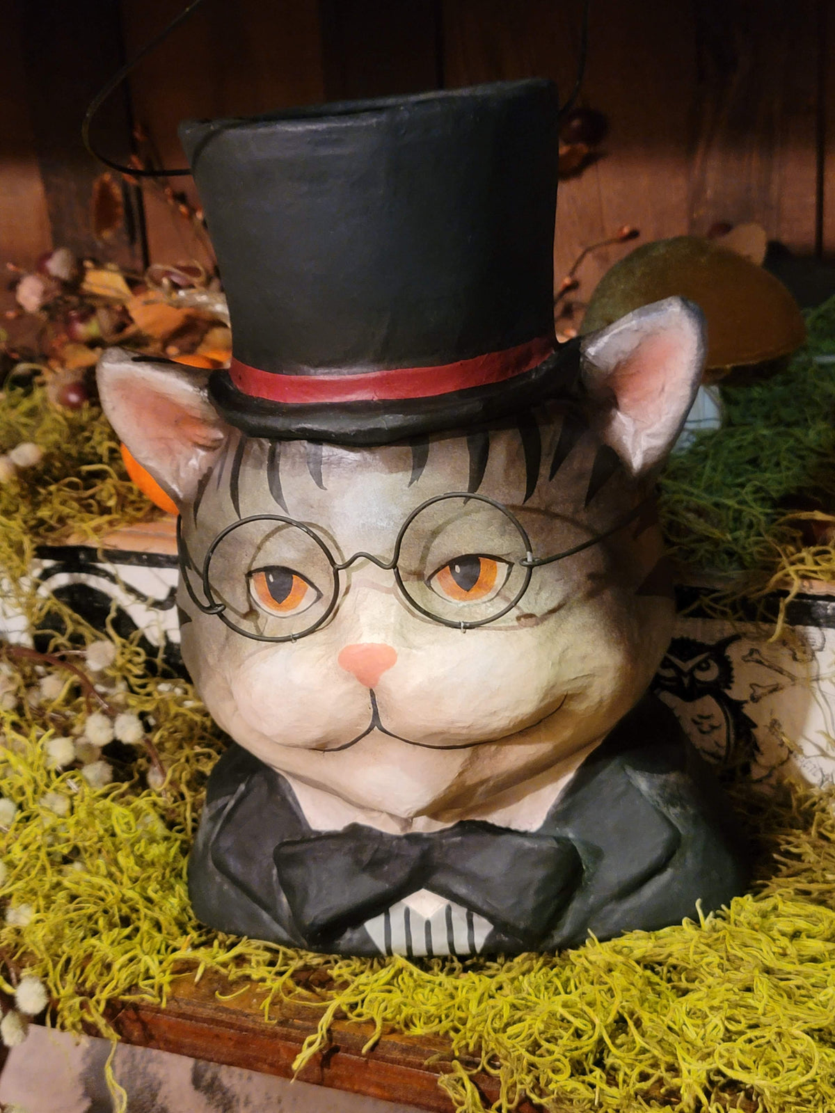 Victorian Halloween Dapper Cat Bust Bucket with Top Hat & Spectacles