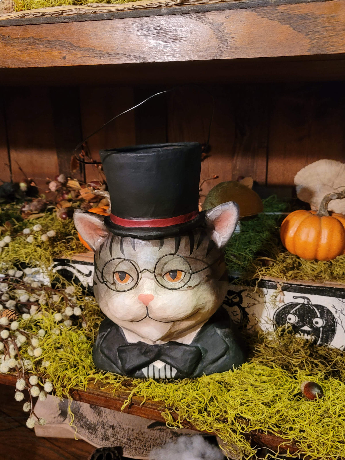 Victorian Halloween Dapper Cat Bust Bucket with Top Hat & Spectacles