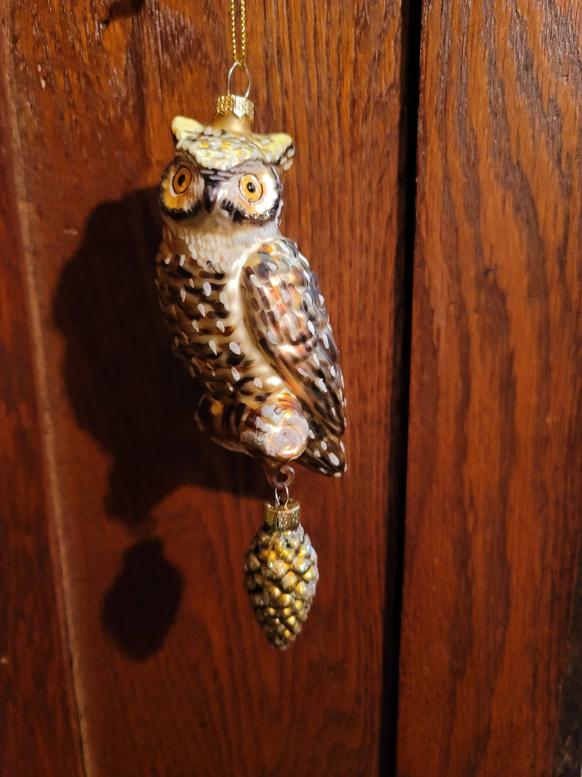 Halloween Dickenthorn Owl with Dangling Pinecone - Vintage Style Mercury Glass - Hand Painted