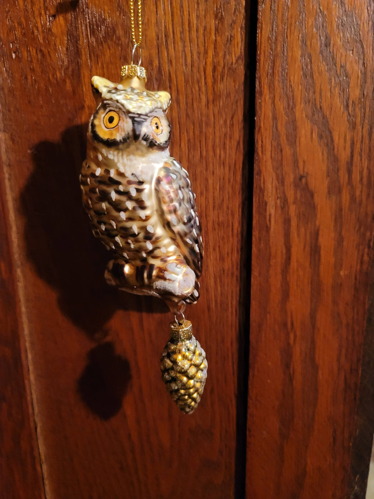 Halloween Dickenthorn Owl with Dangling Pinecone - Vintage Style Mercury Glass - Hand Painted