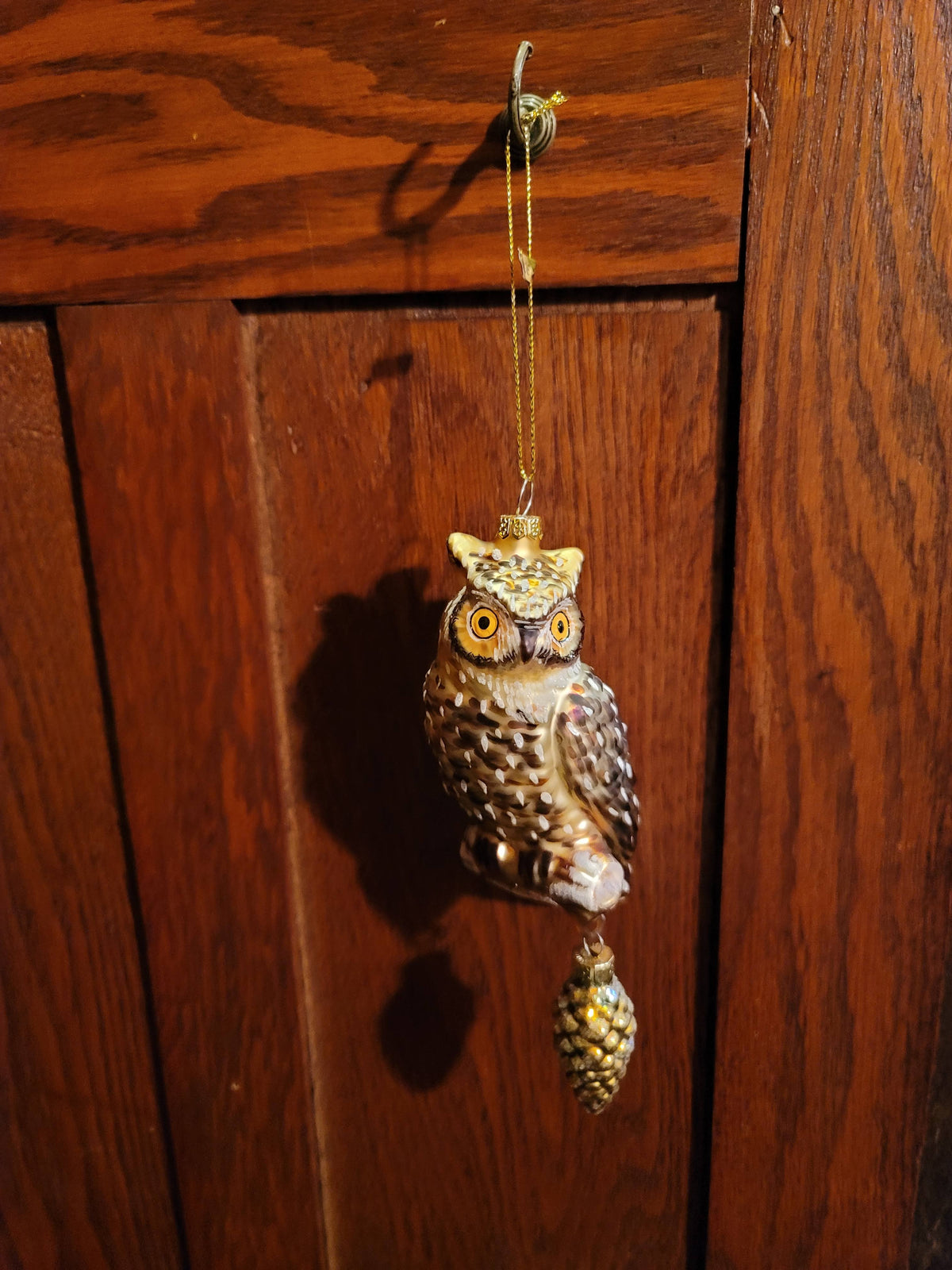 Halloween Dickenthorn Owl with Dangling Pinecone - Vintage Style Mercury Glass - Hand Painted