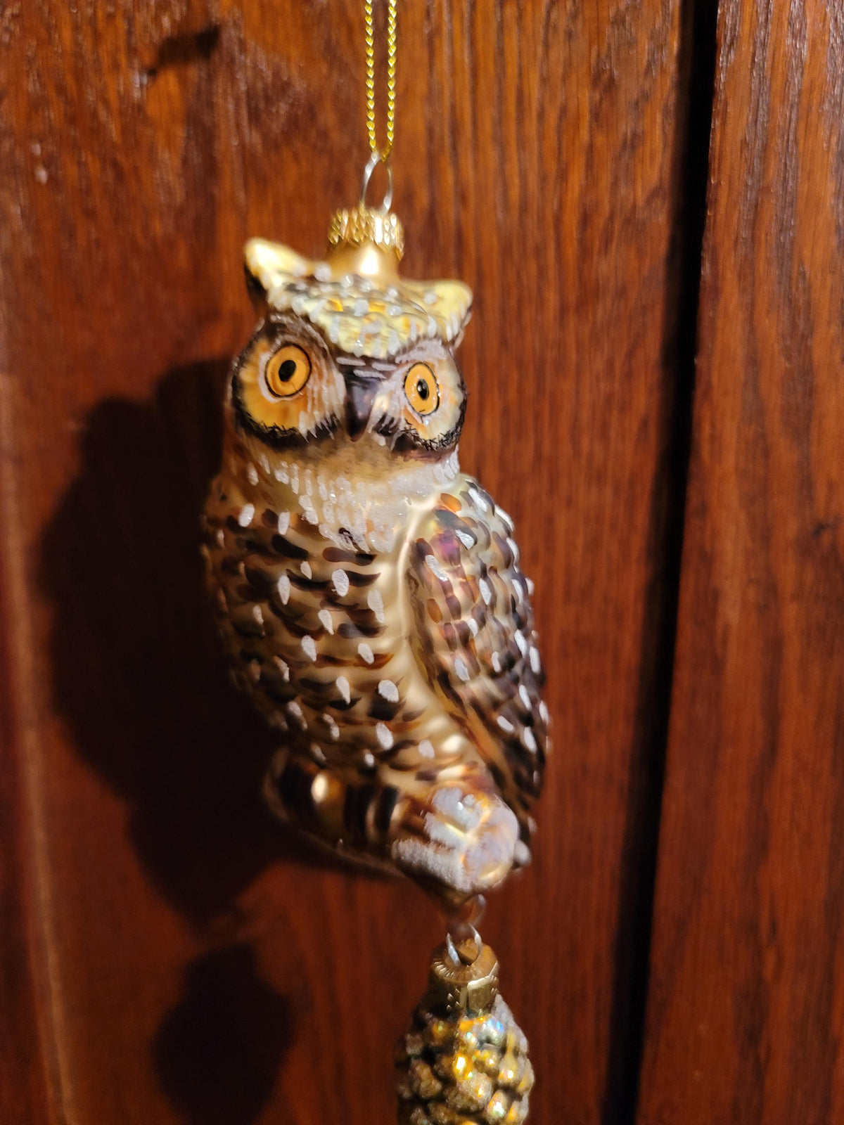 Halloween Dickenthorn Owl with Dangling Pinecone - Vintage Style Mercury Glass - Hand Painted