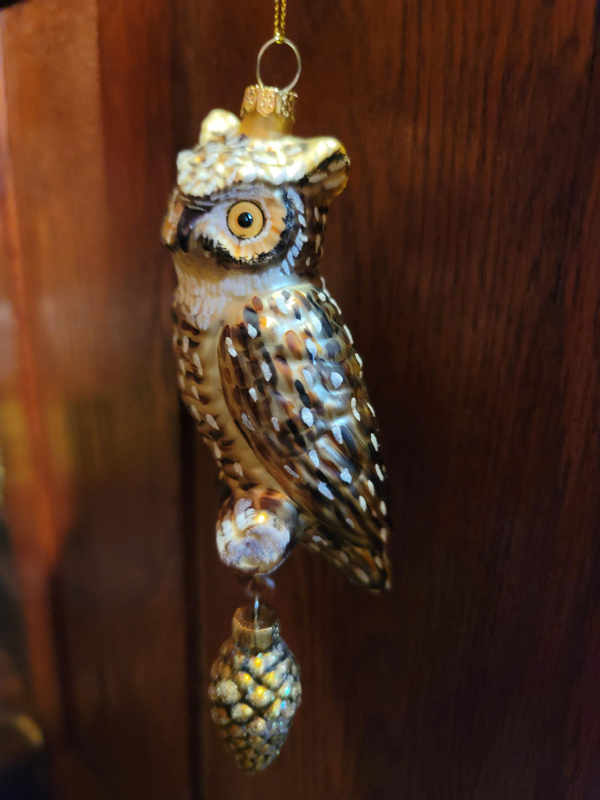 Halloween Dickenthorn Owl with Dangling Pinecone - Vintage Style Mercury Glass - Hand Painted