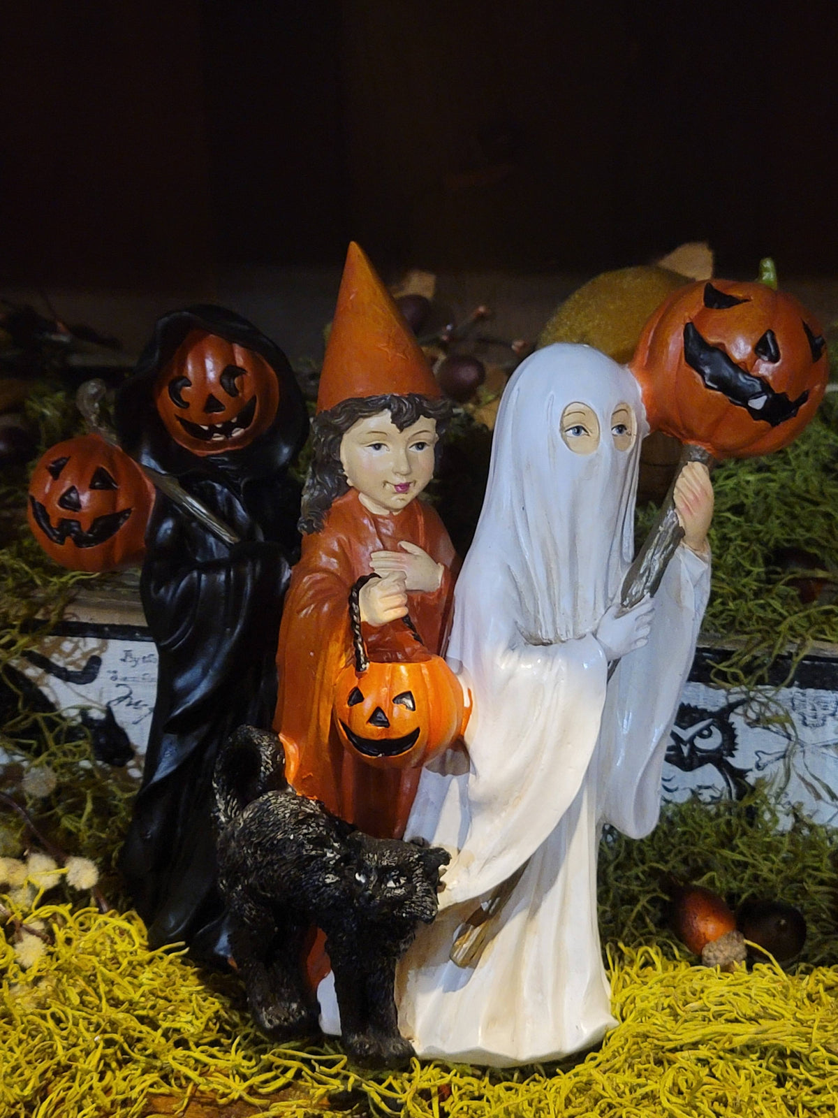 Vintage Halloween Style Trick or Treat Pumpkin Ghost Witch Children Figurine