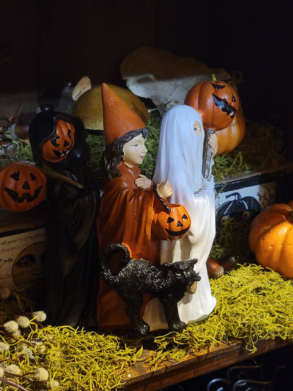 Vintage Halloween Style Trick or Treat Pumpkin Ghost Witch Children Figurine
