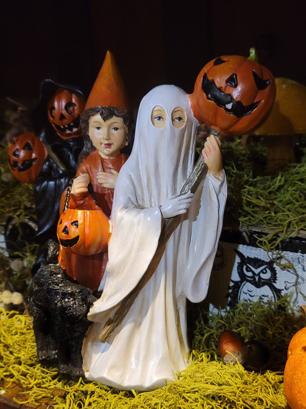 Vintage Halloween Style Trick or Treat Pumpkin Ghost Witch Children Figurine
