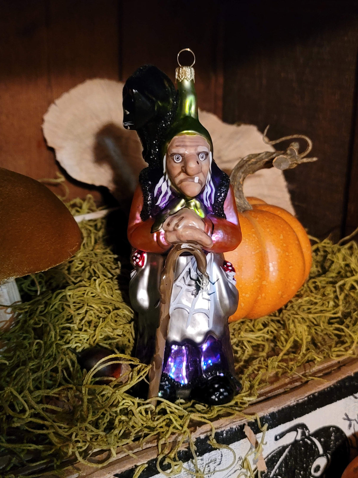 Vintage Halloween-Style Fairytale Witch in Purple with Black Cat — Hand-Blown in Poland