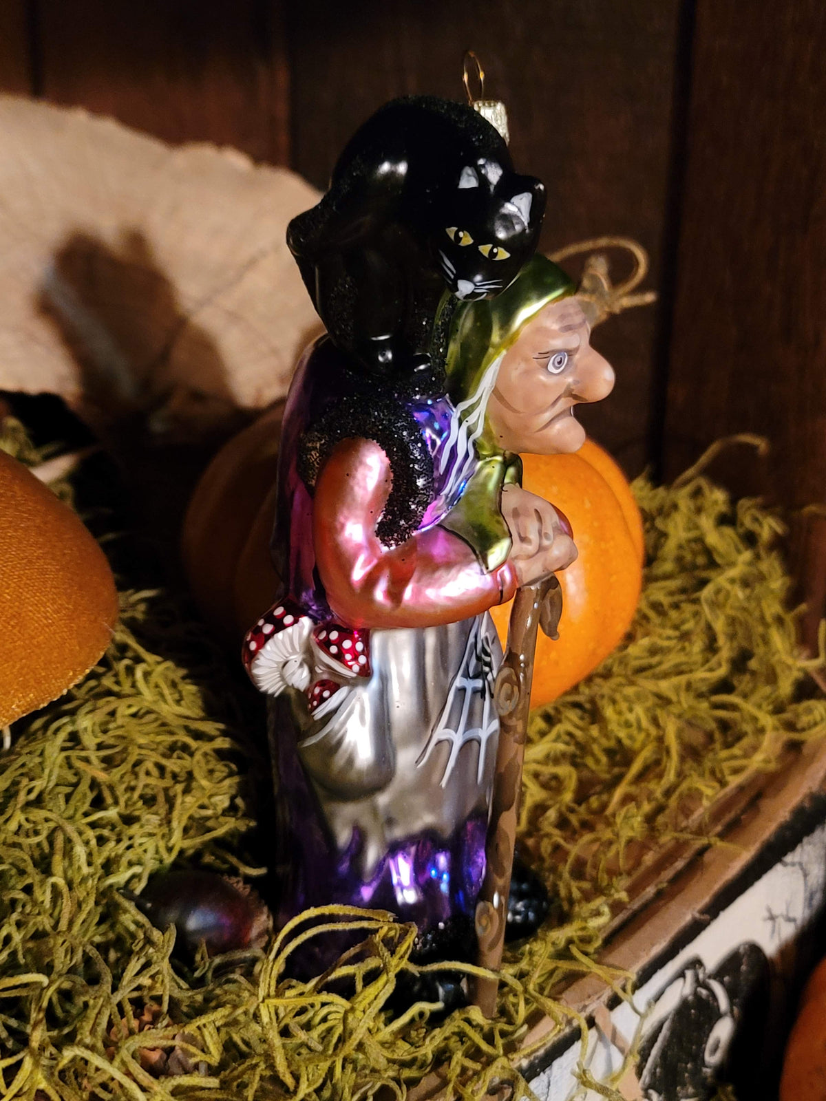 Vintage Halloween-Style Fairytale Witch in Purple with Black Cat — Hand-Blown in Poland