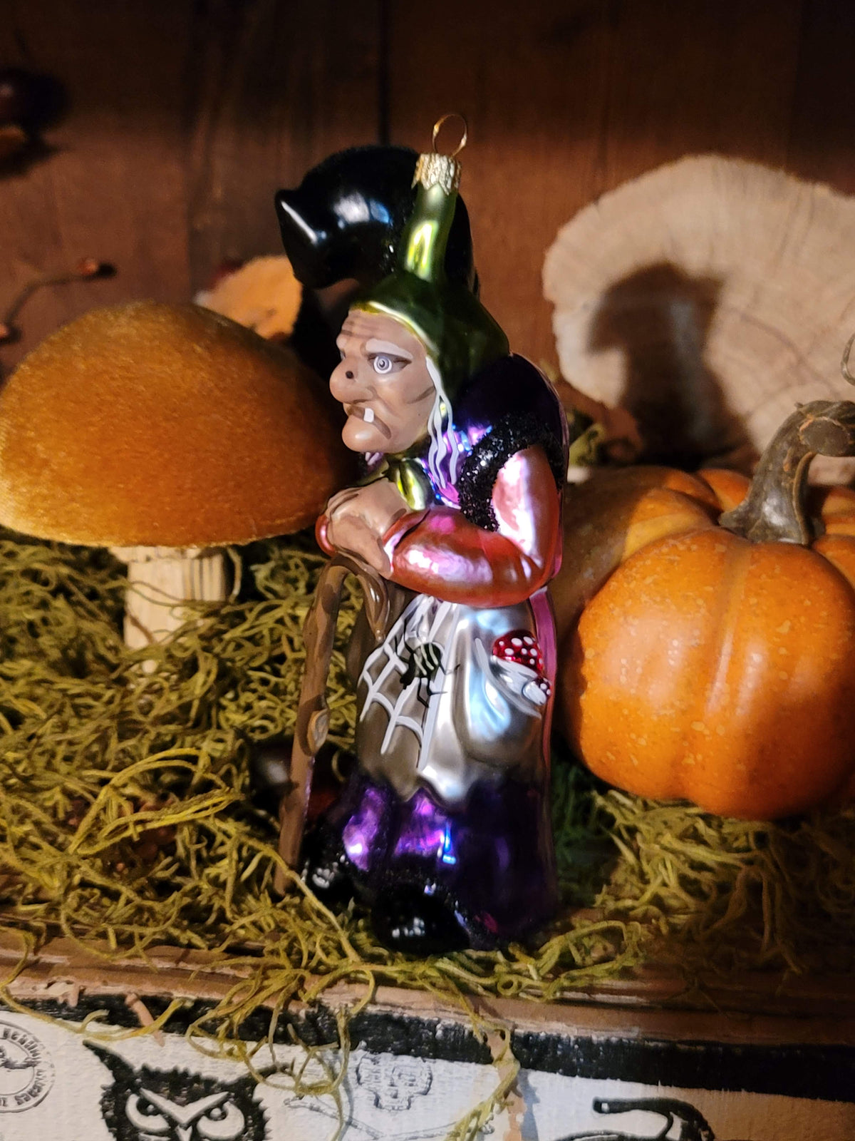 Vintage Halloween-Style Fairytale Witch in Purple with Black Cat — Hand-Blown in Poland