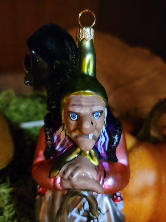 Vintage Halloween-Style Fairytale Witch in Purple with Black Cat — Hand-Blown in Poland