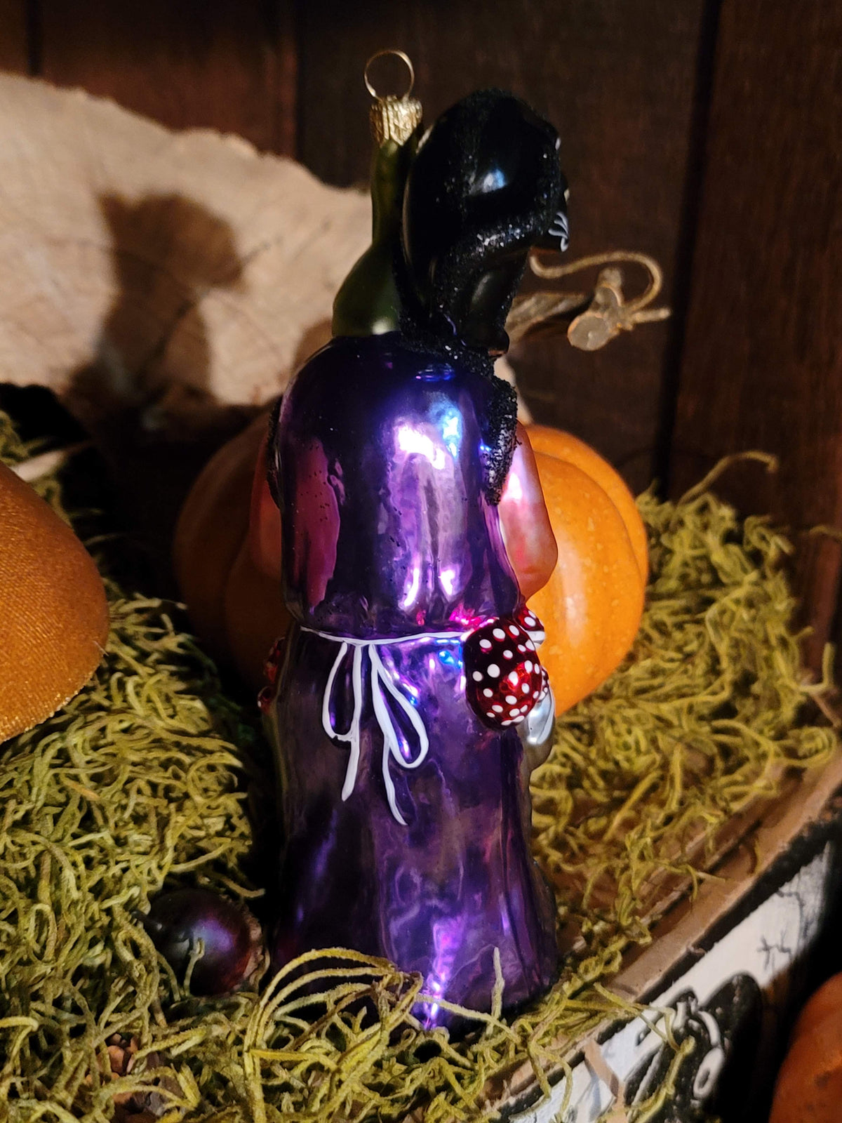 Vintage Halloween-Style Fairytale Witch in Purple with Black Cat — Hand-Blown in Poland