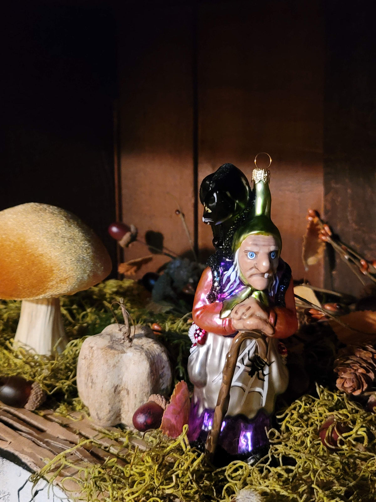 Vintage Halloween-Style Fairytale Witch in Purple with Black Cat — Hand-Blown in Poland