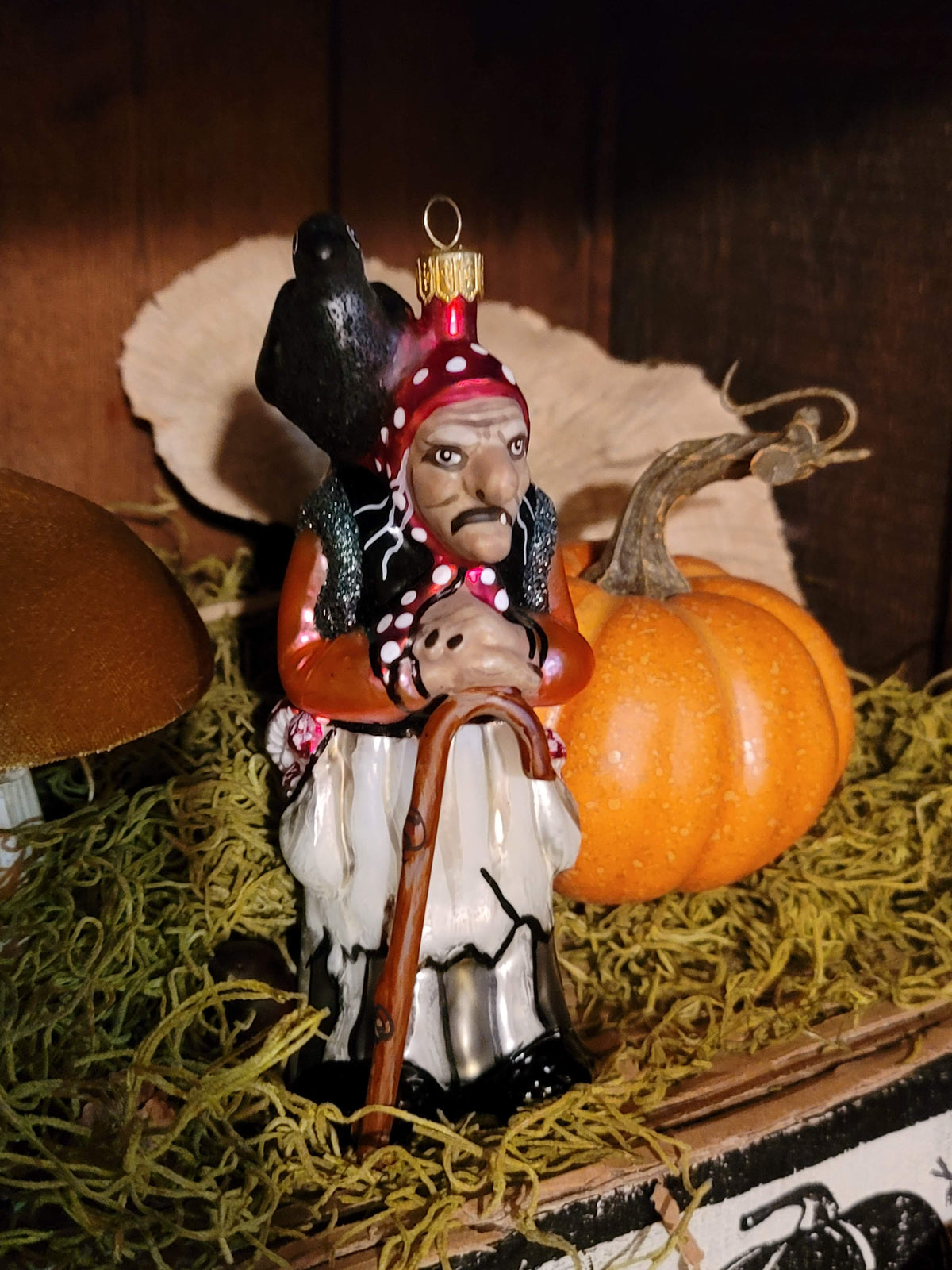 Vintage Halloween Style Fairytale Witch with Varnmerlan the Raven  Hand Blown  in Poland