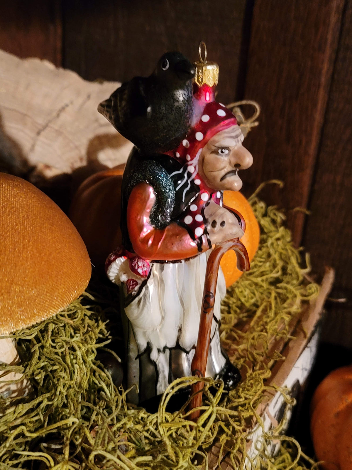 Vintage Halloween Style Fairytale Witch with Varnmerlan the Raven  Hand Blown  in Poland