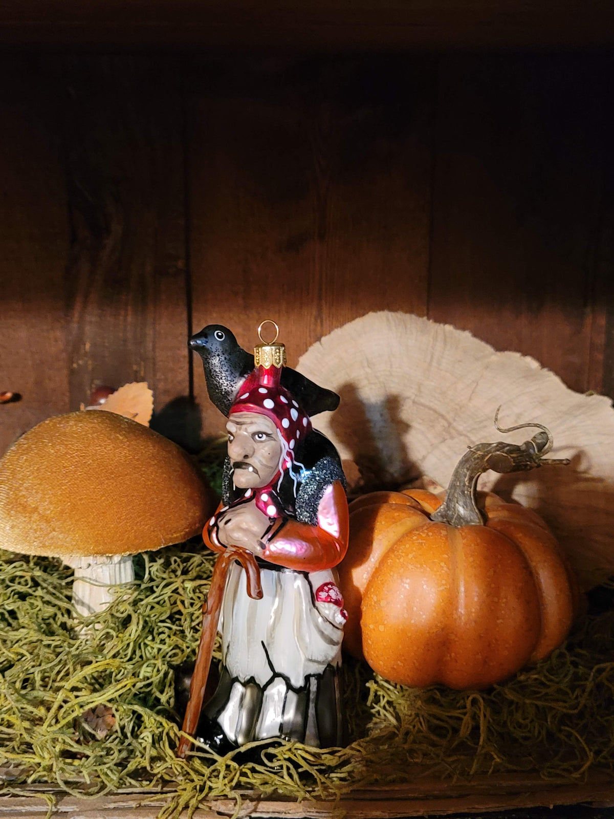 Vintage Halloween Style Fairytale Witch with Varnmerlan the Raven  Hand Blown  in Poland