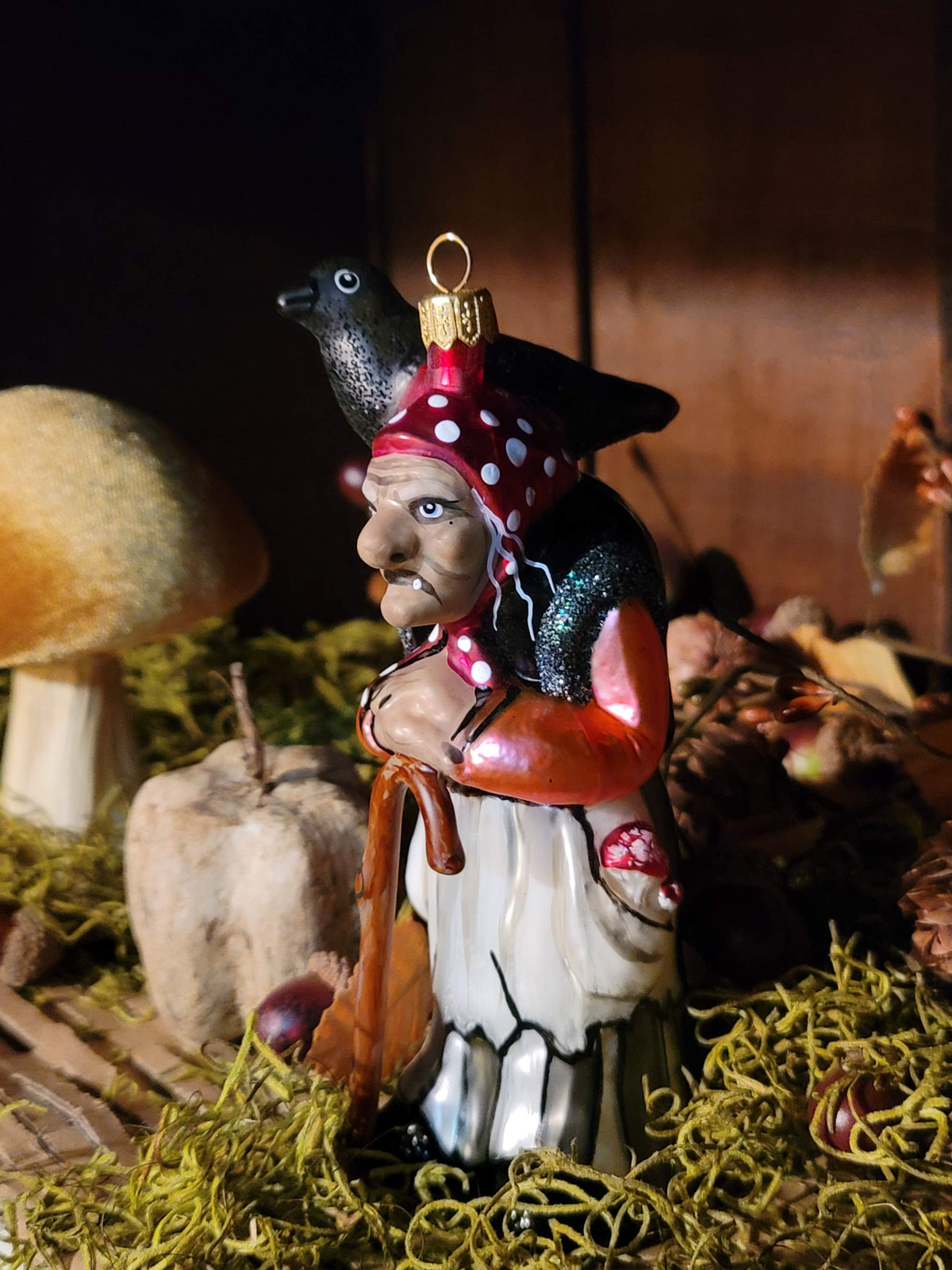 Vintage Halloween Style Fairytale Witch with Varnmerlan the Raven  Hand Blown  in Poland