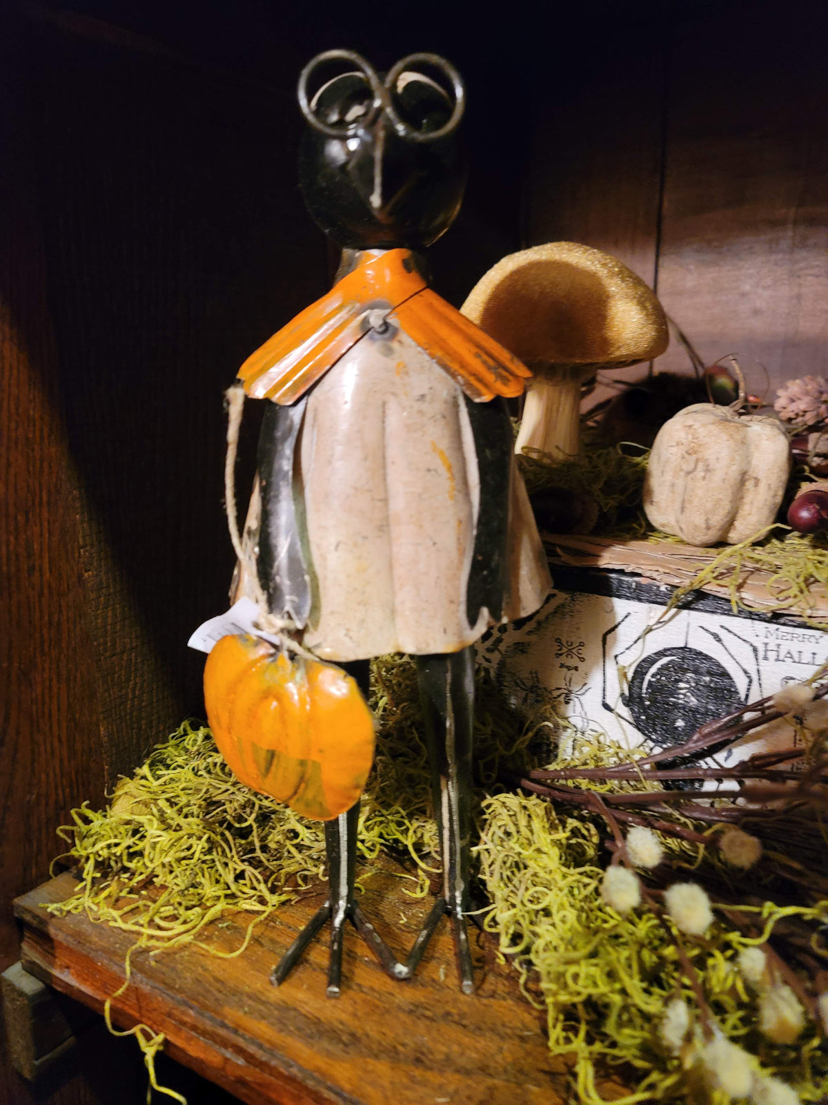 Vintage Halloween Style Folk Art Metal Crow with Pumpkin