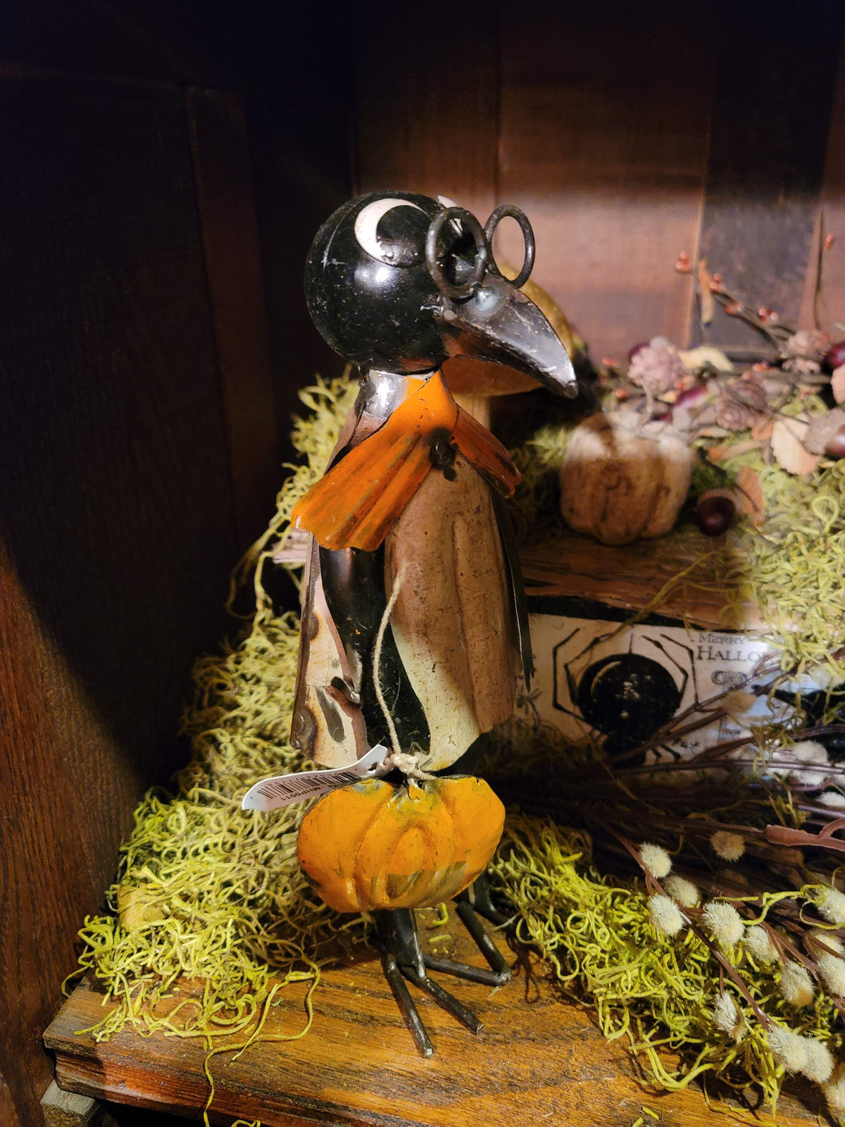 Vintage Halloween Style Folk Art Metal Crow with Pumpkin