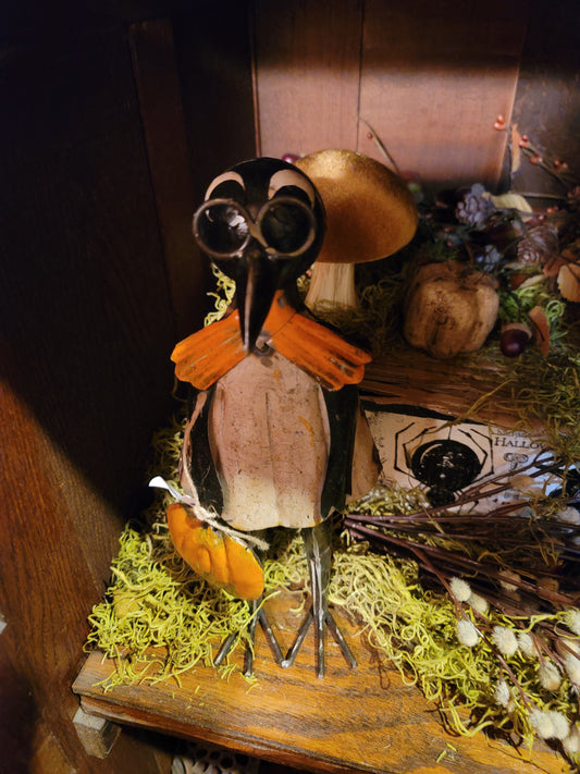 Vintage Halloween Style Folk Art Metal Crow with Pumpkin