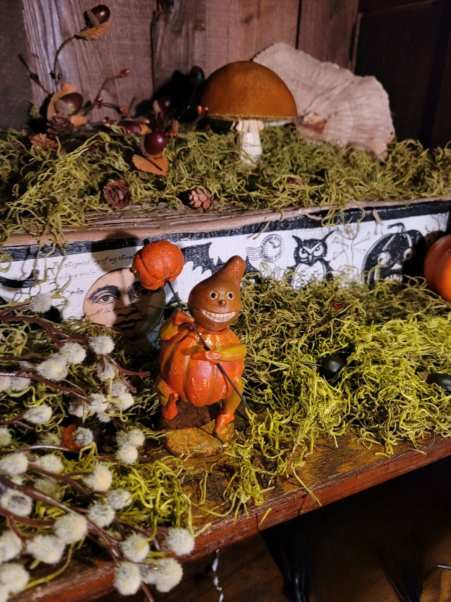 Vintage Halloween Silver Willow Pumpkin Gourd with Stick Pumpkin Figurine