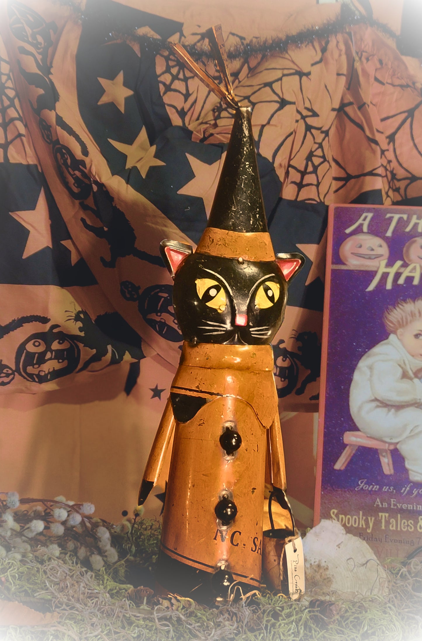 Vintage Halloween Style Black Cat Witch Trick or Treater with Skull Bucket