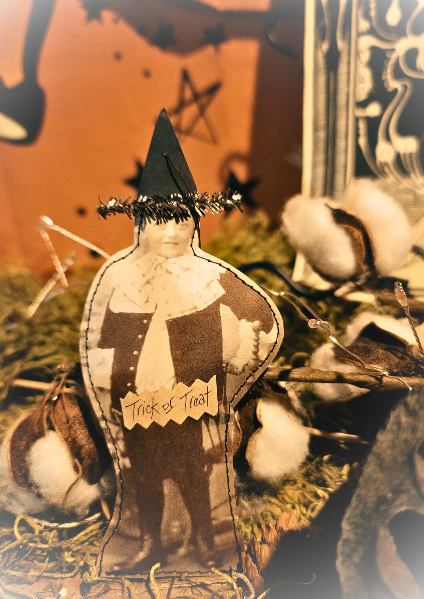 Vintage Halloween Style Photo Witch Boy Paper Pillow Ornament