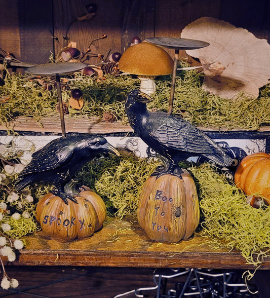 Vintage Halloween Raven Crows on Pumpkins Candle Holders