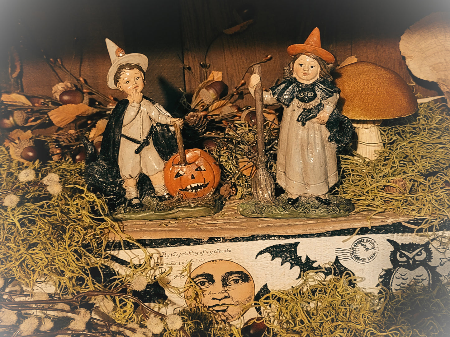 Vintage Halloween Style Witch Boy and Girl with Black Cat Figurines Set