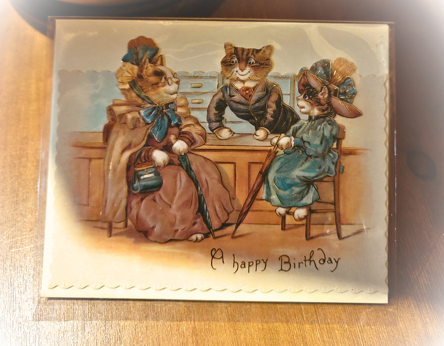 Vintage Victorian Style Standing Easel Happy Birthday Kitty Cats Card