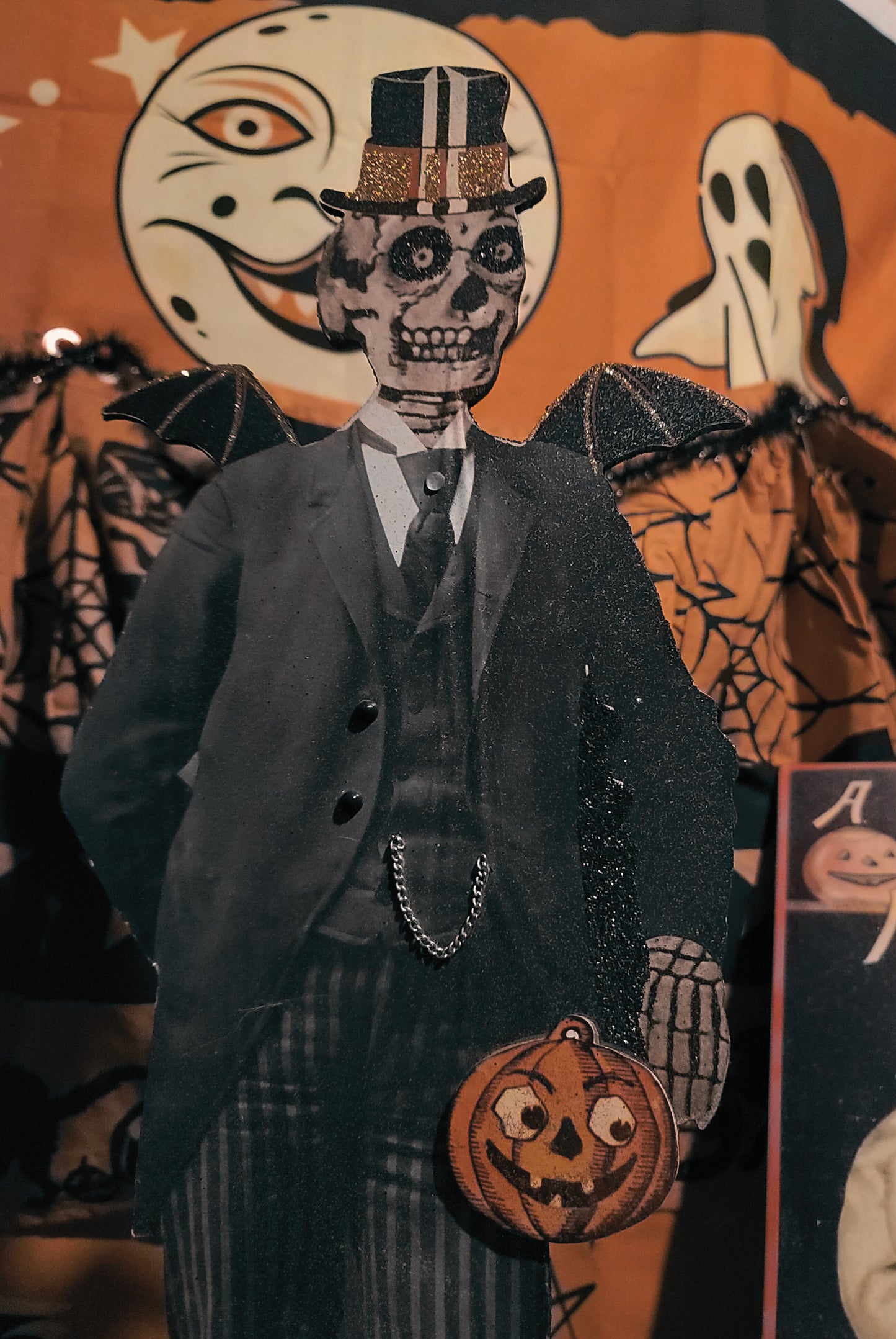 Vintage Halloween Style Goth Photo Skeleton and Pumpkin Dummy Board Figurines Set