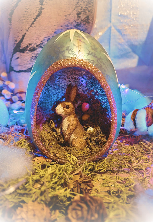 Blue Mercury Glass Easter Egg with Bunny hiding Easter Eggs Nesting Egg Figurine