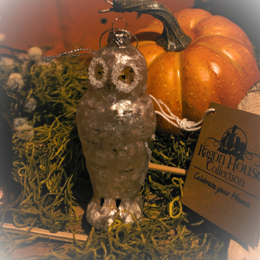 Vintage Halloween Style Silver White Mercury Owl Ornament