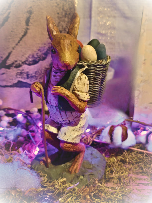 Vintage Victorian Easter Postcard Style Bunny Rabbit with Egg Basket Figurine
