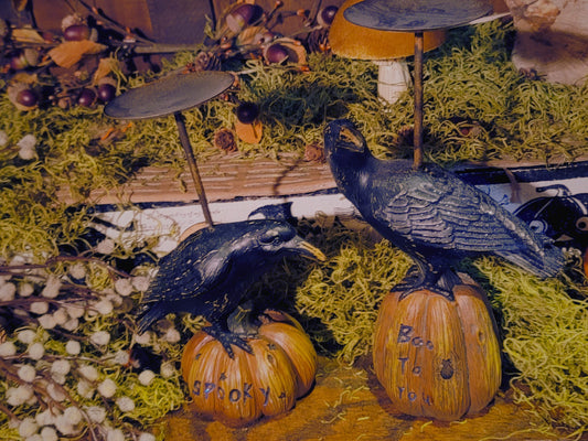Vintage Halloween Raven Crows on Pumpkins Candle Holders