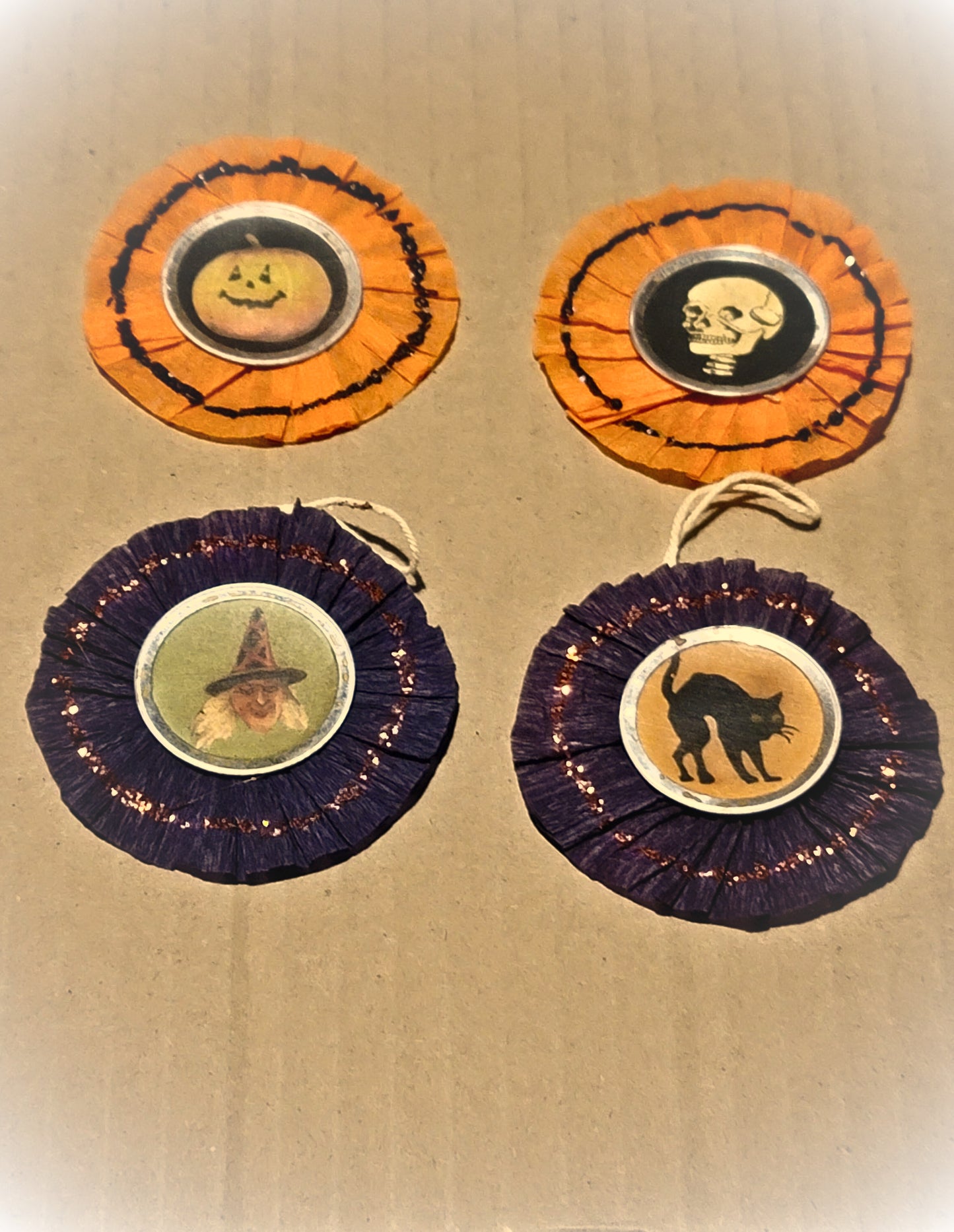 Vintage Halloween Style Witch, Skeleton, Black Cat and Pumpkin Ornaments Set