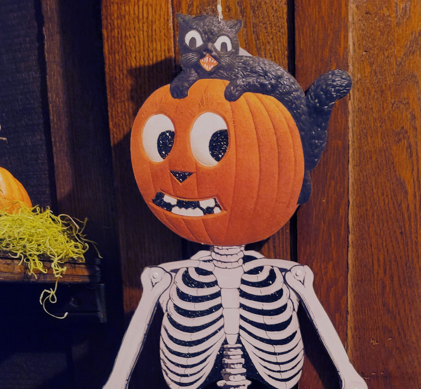 Vintage Halloween Style Hanging Paper Pumpkin Head Skeleton with German Cat