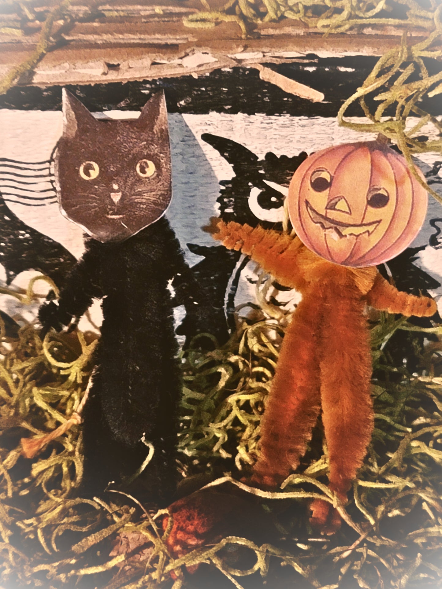 Vintage Halloween Style Jen Steffa Black Cat and Jack O Lantern Pipe Cleaner Ornaments Set