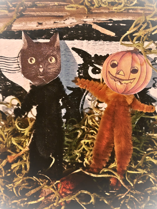 Vintage Halloween Style Jen Steffa Black Cat and Jack O Lantern Pipe Cleaner Ornaments Set