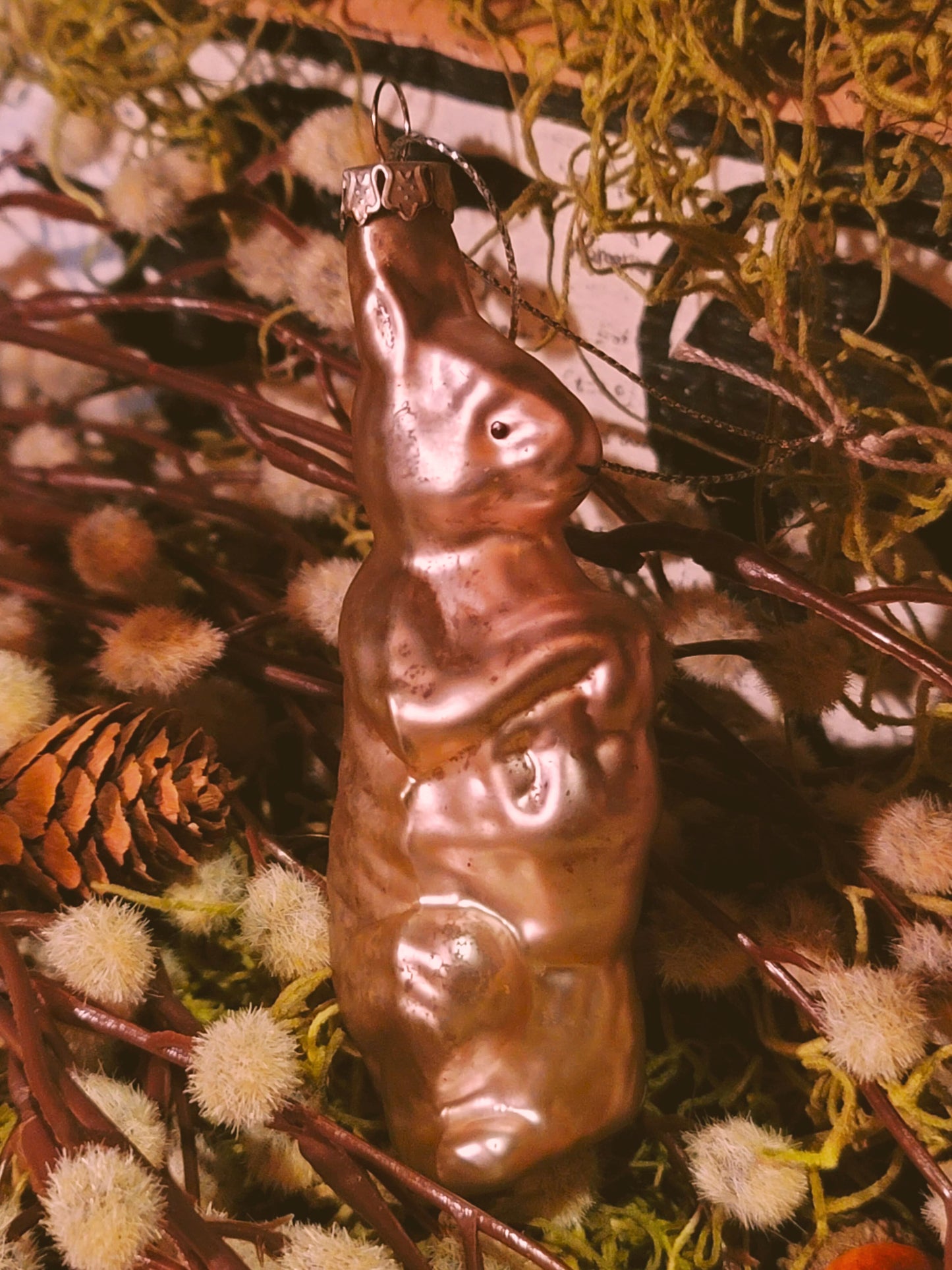 Vintage Easter Style Pink Mercury Glass Easter Bunny With Basket Ornament