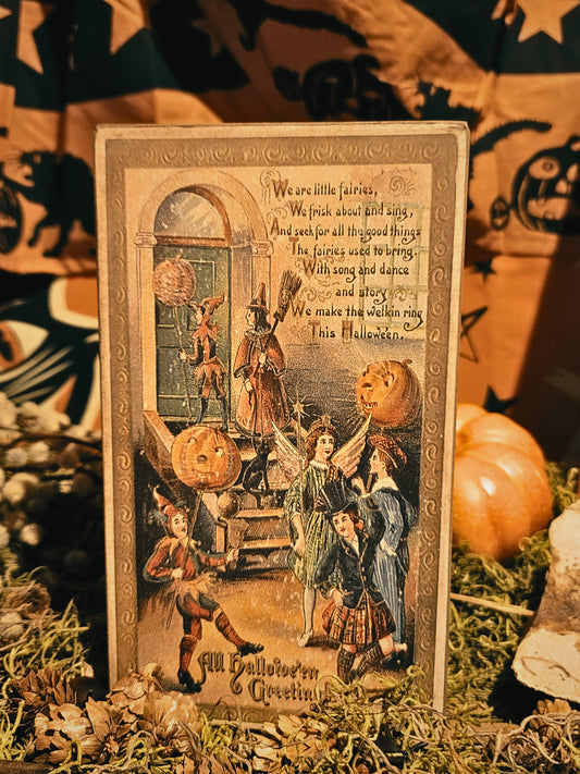 Vintage Halloween Style Postcard Glittered Witch Jesters Artist Box