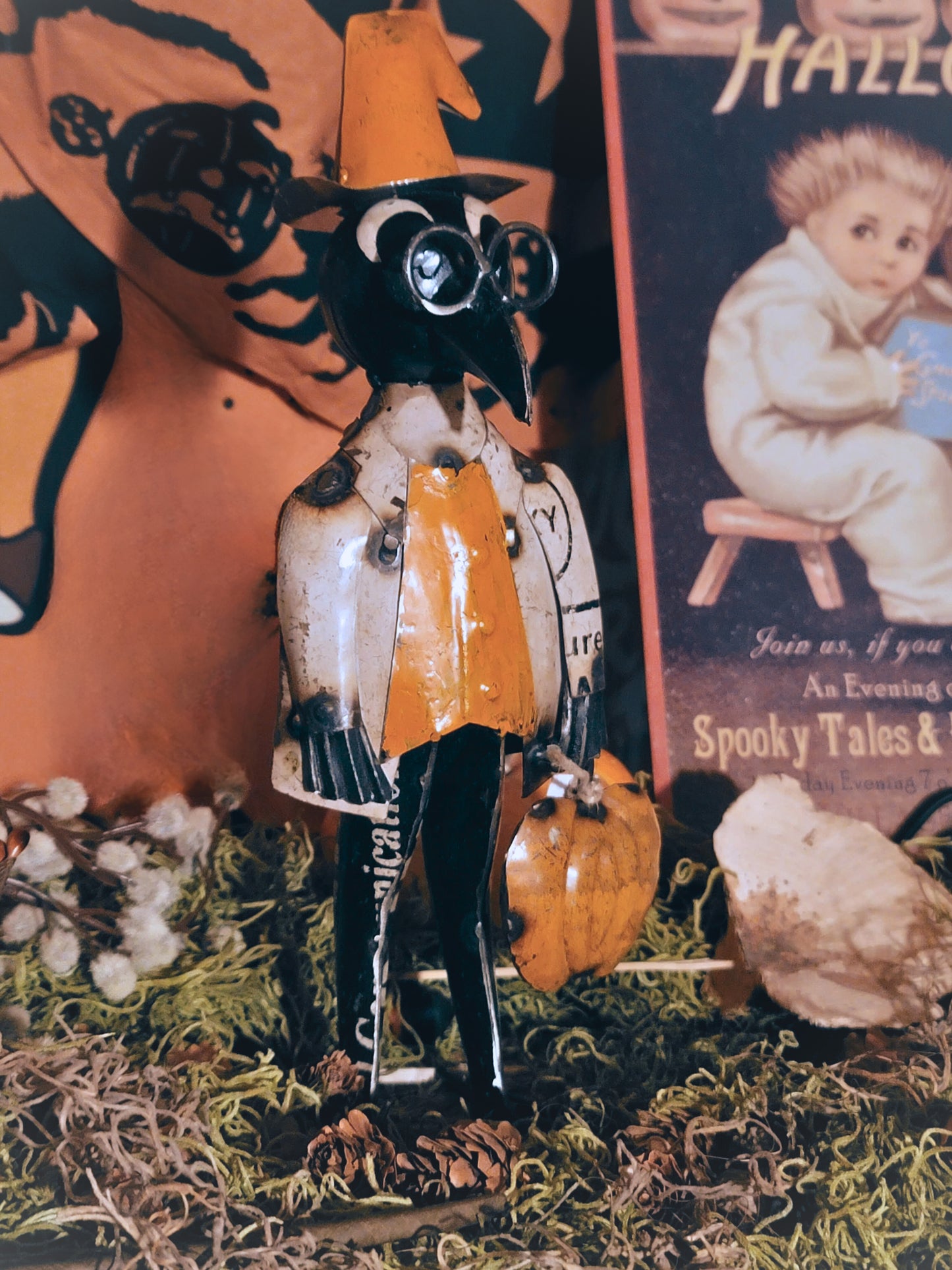 Vintage Halloween Style Whimsical Raven Crow Witch with Pumpkin Figurine