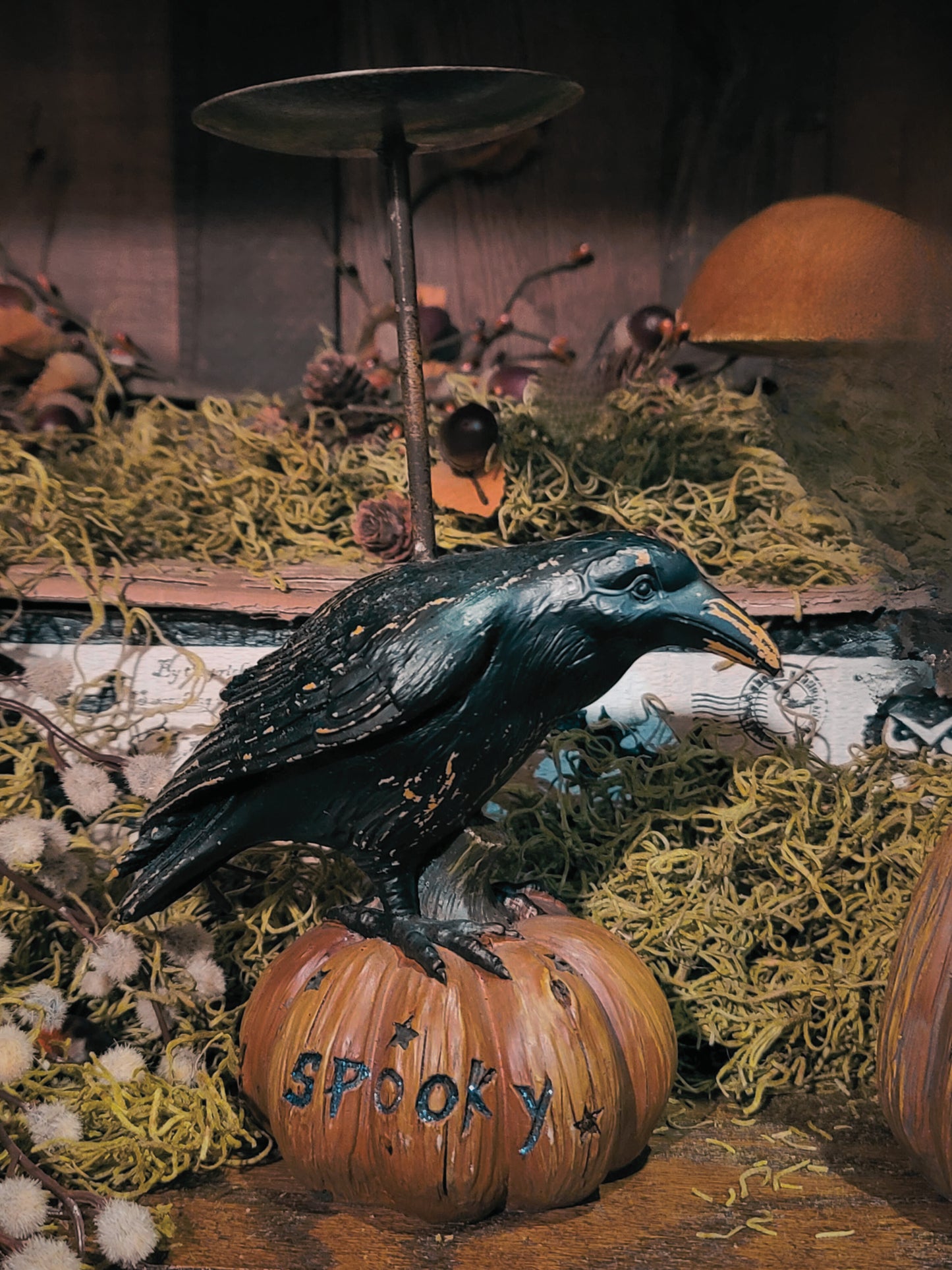 Vintage Halloween Raven Crows on Pumpkins Candle Holders
