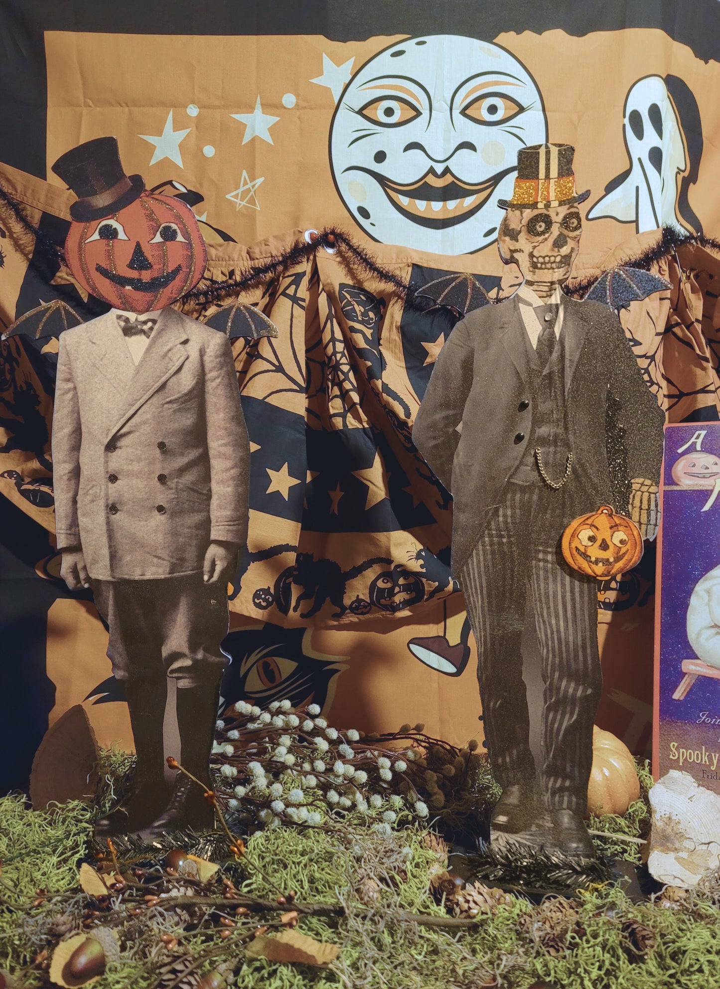 Vintage Halloween Style Goth Photo Skeleton and Pumpkin Dummy Board Figurines Set