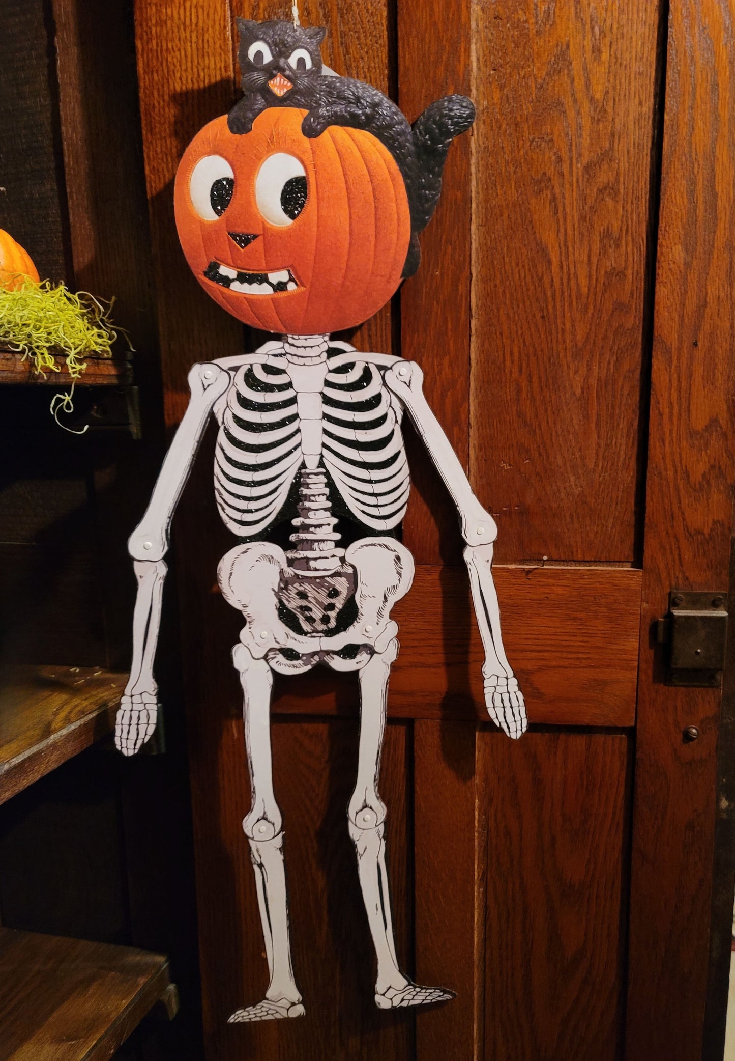 Vintage Halloween Style Hanging Paper Pumpkin Head Skeleton with German Cat