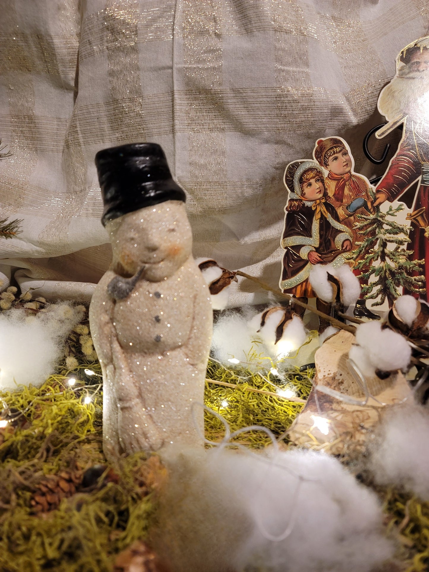 Vintage Christmas Postcard Style Victorian Sleepy Snowman with Broom Figurine