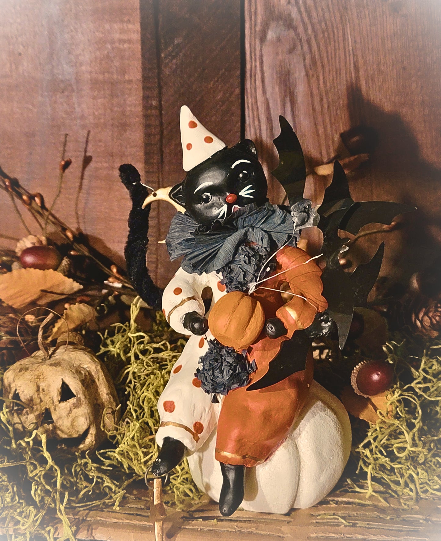 Vintage Halloween Style Dee Harvey Foust Black Cat Witch Clown on Pumpkin Figurine